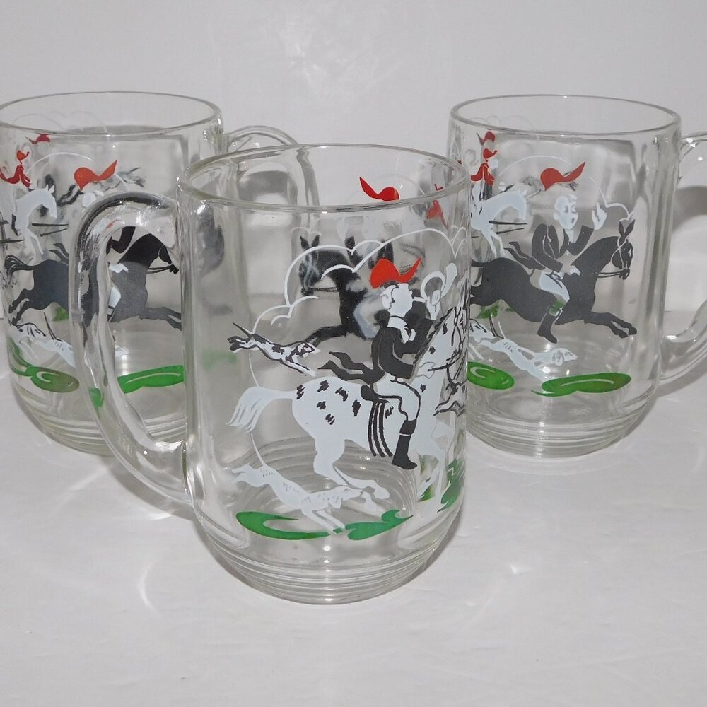 Set 3 VTG Fox Hunt Hunting Horses Tally Ho Glass Mugs Hazel Atlas